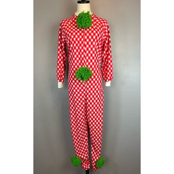 Vintage 1970s Homemade Clown Costume Red White Checked Green Pom Pom Small - Picture 1 of 10